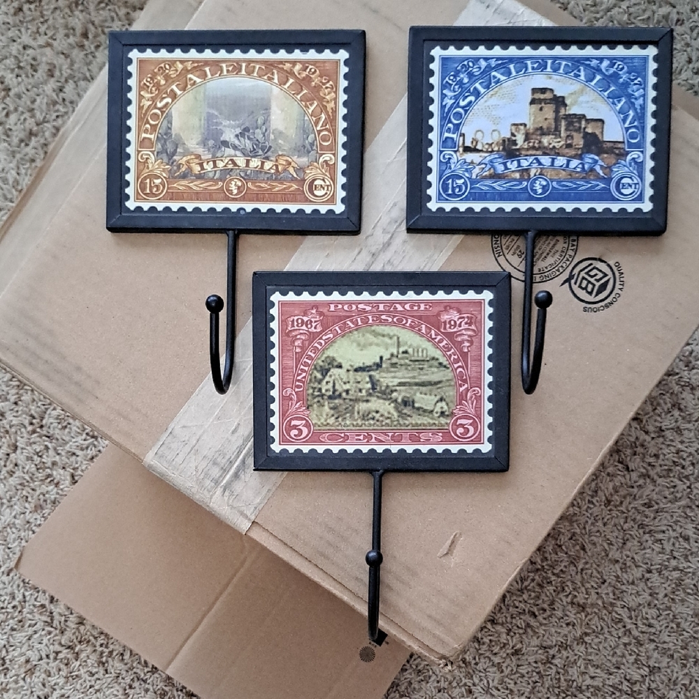 Postal Stamp Wall Hook Trio - Sepia, Blue, Red Trimmed In Black